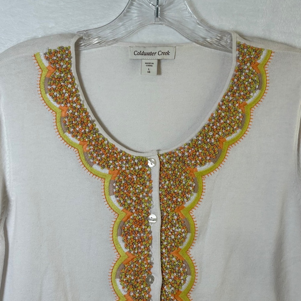 Coldwater Creek Tres Jolie Cardigan White Embroidered Scallop Large 14 - Picture 11 of 11
